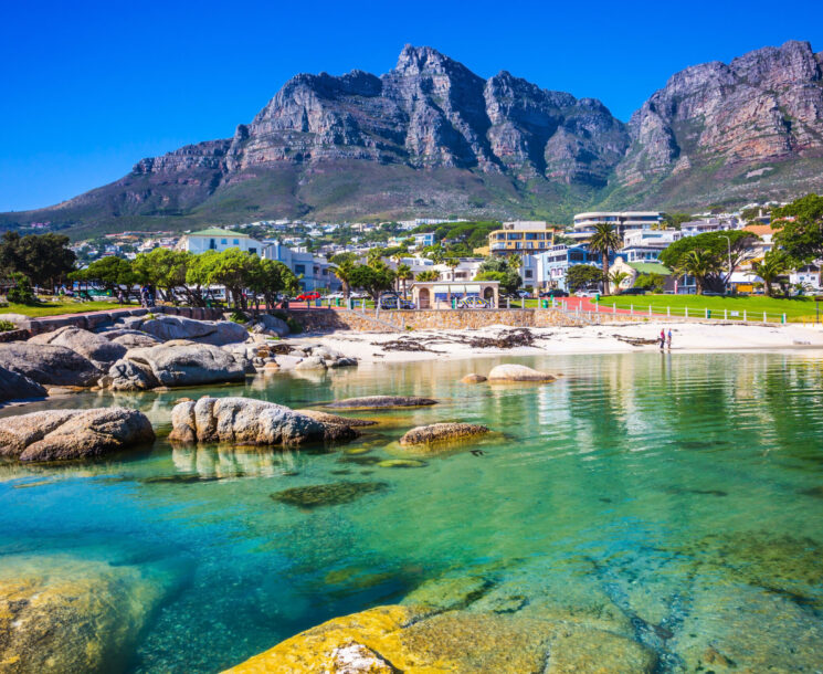 Panorama of Cape Town, South Africa. The city beach against magnificent mountains